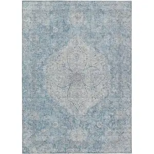 Photo of Denim Blue And Ivory Oriental Washable Indoor Outdoor Area Rug