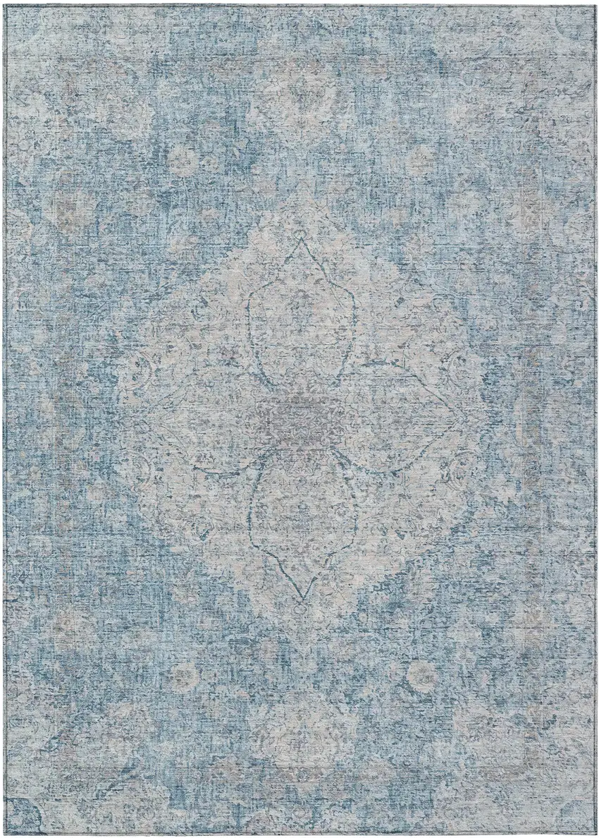 Denim Blue And Ivory Oriental Washable Indoor Outdoor Area Rug Photo 1