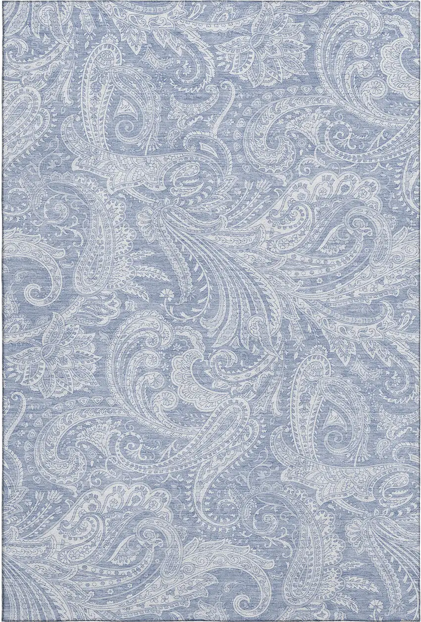 Denim Blue And Ivory Paisley Washable Area Rug With UV Protection Photo 1