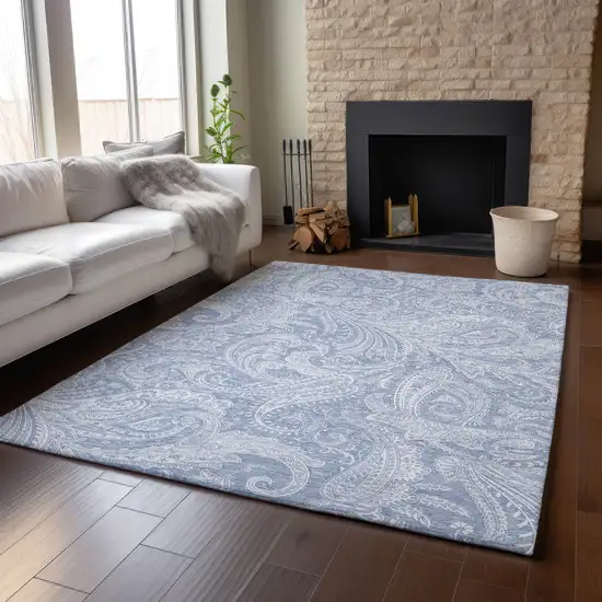 Denim Blue And Ivory Paisley Washable Area Rug With UV Protection Photo 5