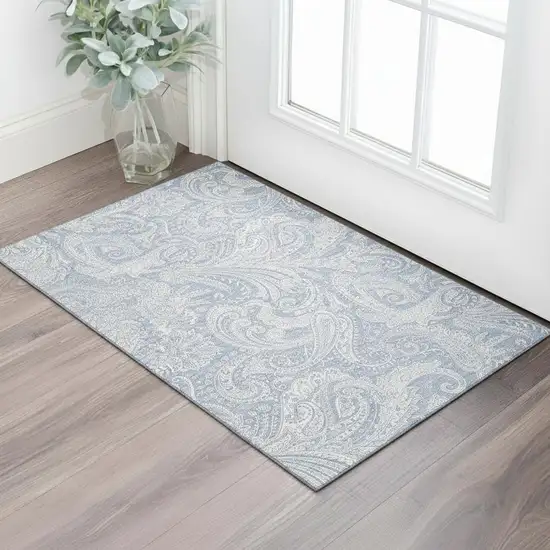Denim Blue And Ivory Paisley Washable Area Rug With UV Protection Photo 1
