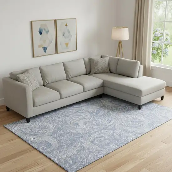 Denim Blue And Ivory Paisley Washable Area Rug With UV Protection Photo 1