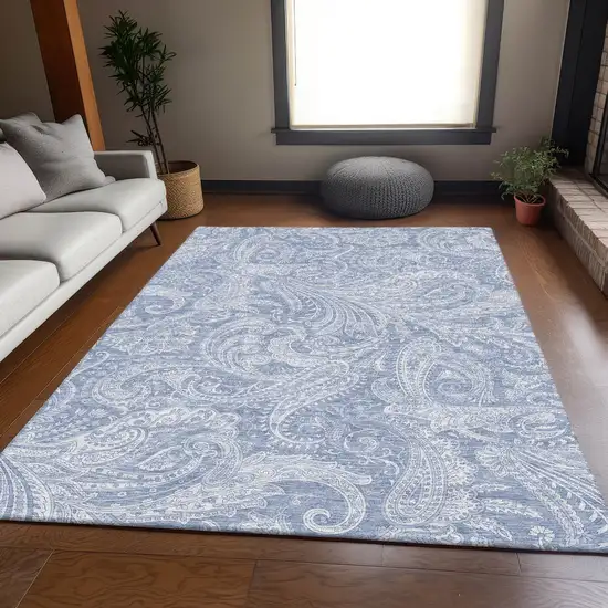 Denim Blue And Ivory Paisley Washable Area Rug With UV Protection Photo 4