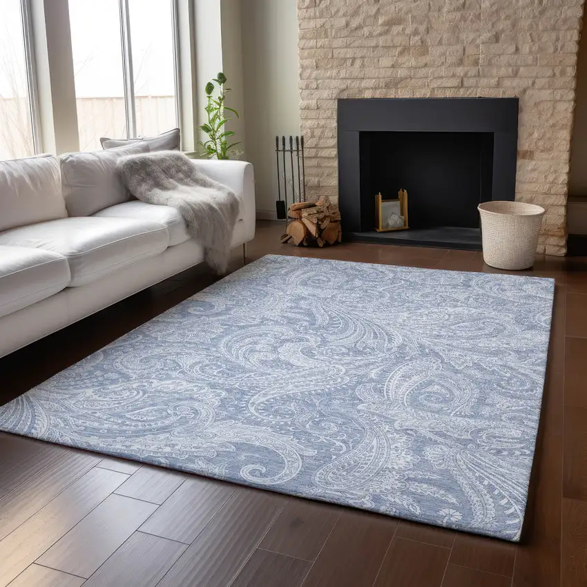 Denim Blue And Ivory Paisley Washable Area Rug With UV Protection Photo 5