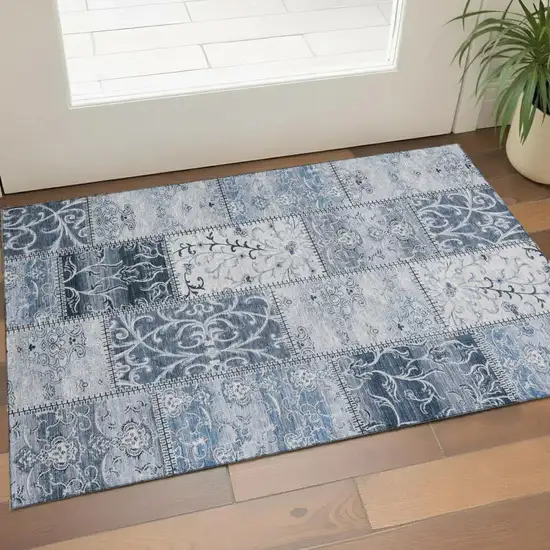 Denim Blue And Ivory Patchwork Washable Area Rug With UV Protection Photo 1