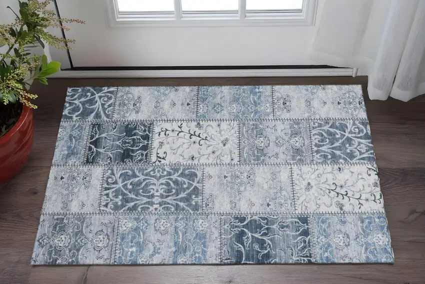 Denim Blue And Ivory Patchwork Washable Area Rug With UV Protection Photo 2