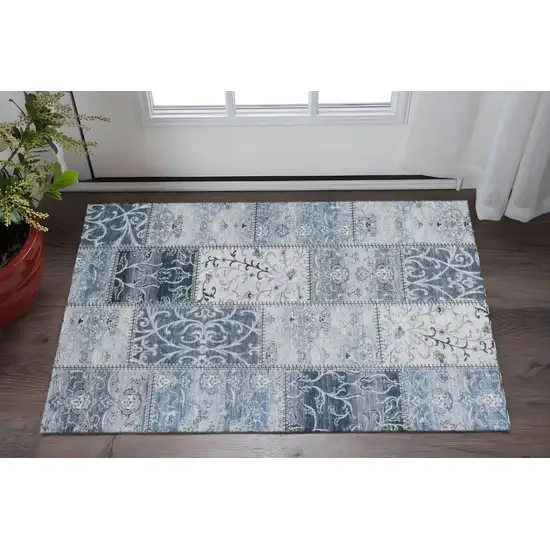 Denim Blue And Ivory Patchwork Washable Area Rug With UV Protection Photo 3