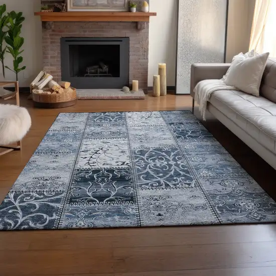 Denim Blue And Ivory Patchwork Washable Area Rug With UV Protection Photo 6