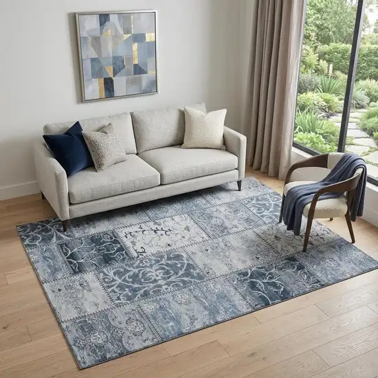 Denim Blue And Ivory Patchwork Washable Area Rug With UV Protection Photo 1