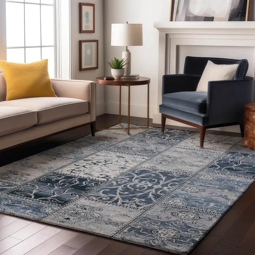 Denim Blue And Ivory Patchwork Washable Area Rug With UV Protection Photo 5