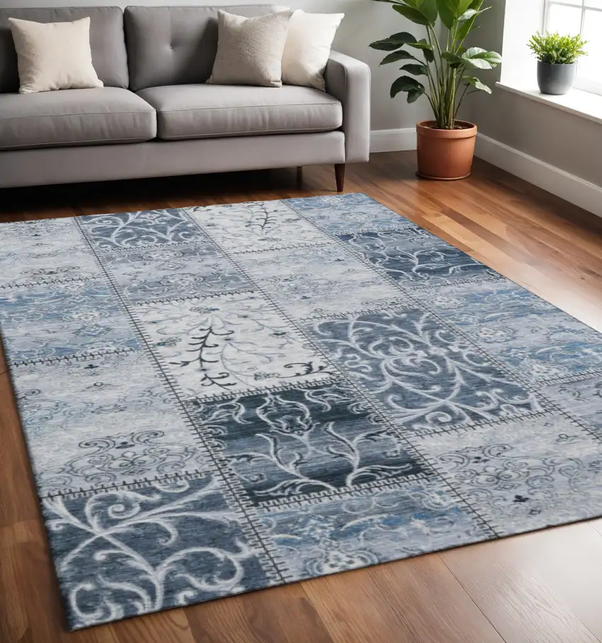 Denim Blue And Ivory Patchwork Washable Area Rug With UV Protection Photo 2