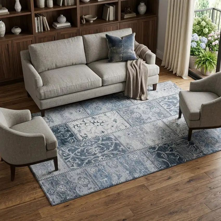 Denim Blue And Ivory Patchwork Distressed Washable Area Rug With UV Protection Photo 1