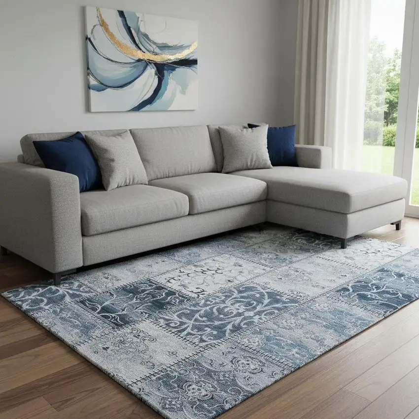 Denim Blue And Ivory Patchwork Washable Area Rug With UV Protection Photo 1