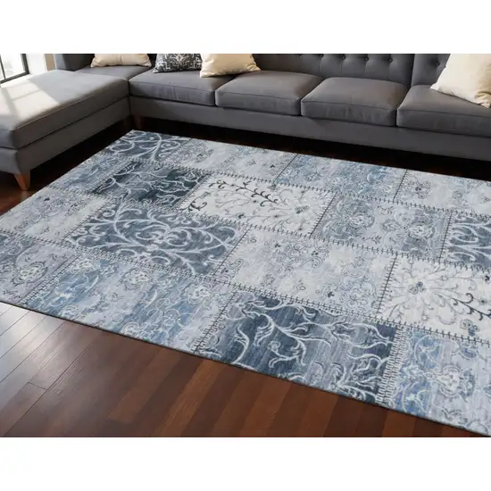 Denim Blue And Ivory Patchwork Washable Area Rug With UV Protection Photo 2
