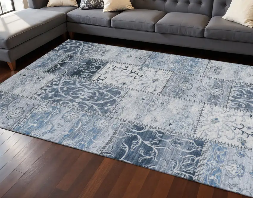 Denim Blue And Ivory Patchwork Washable Area Rug With UV Protection Photo 2