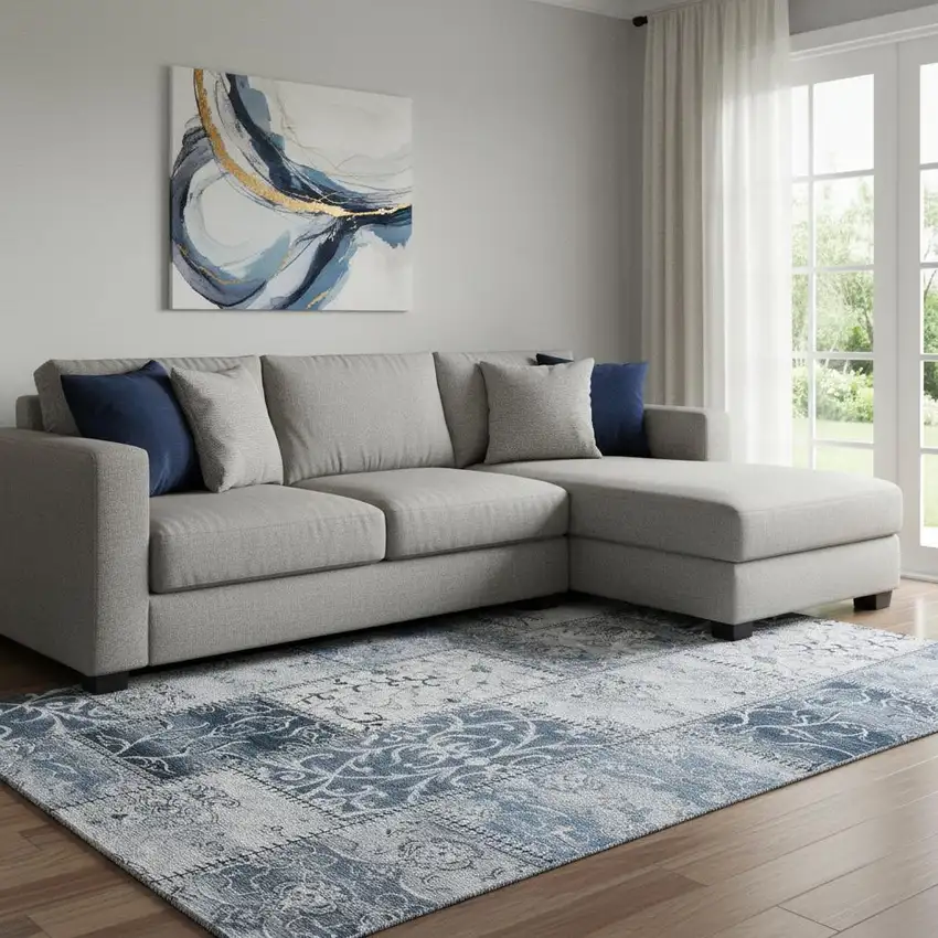 Denim Blue And Ivory Patchwork Washable Area Rug With UV Protection Photo 1