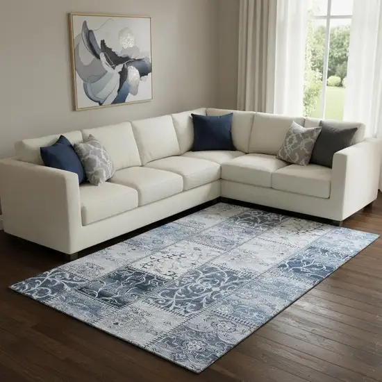 Denim Blue And Ivory Patchwork Washable Area Rug With UV Protection Photo 1