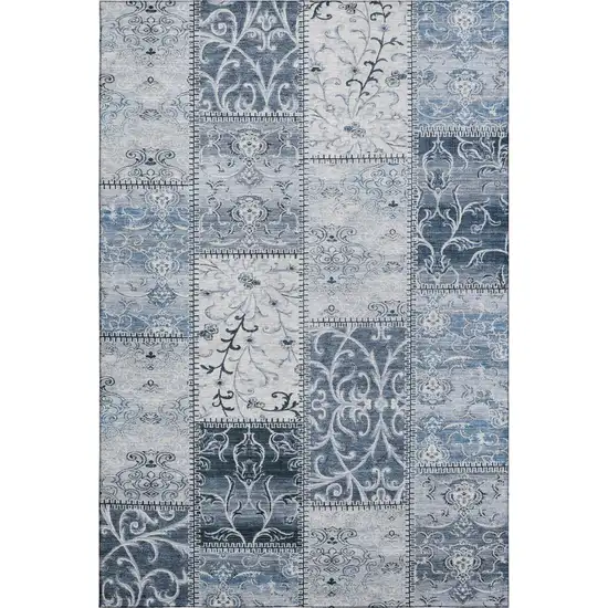Denim Blue And Ivory Patchwork Washable Area Rug With UV Protection Photo 1
