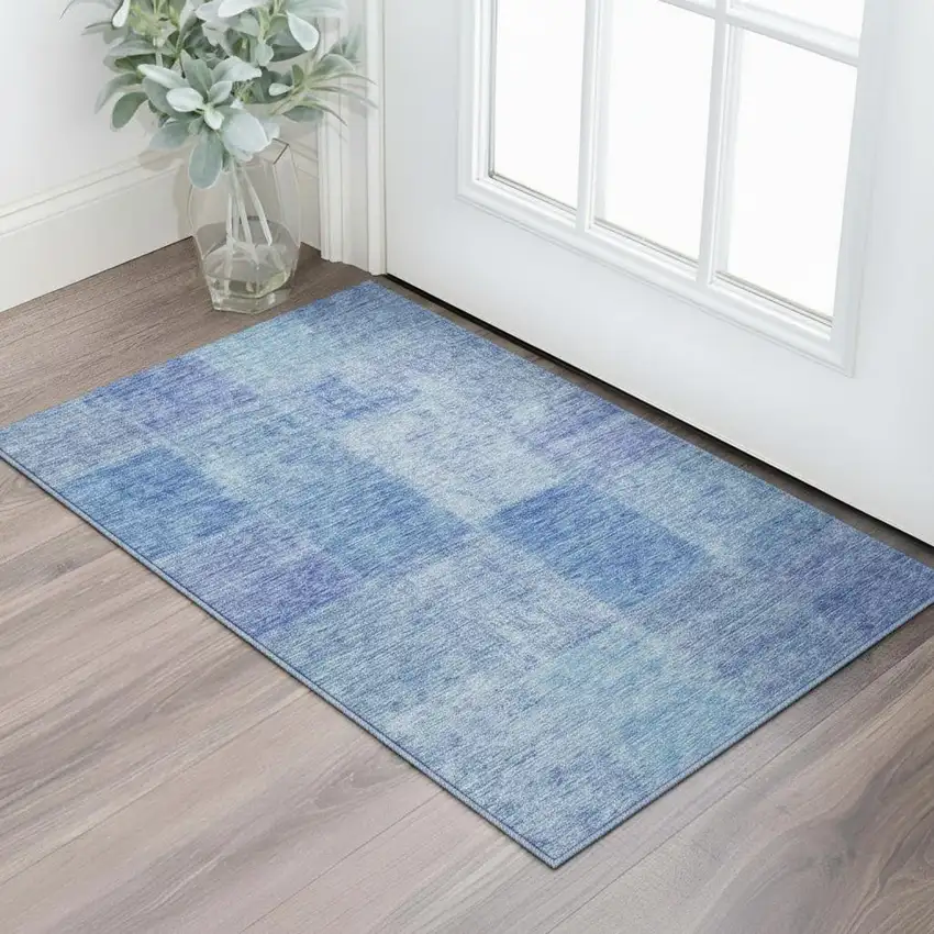 Denim Blue And Ivory Patchwork Washable Area Rug With UV Protection Photo 2