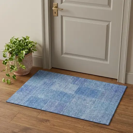 Denim Blue And Ivory Patchwork Washable Area Rug With UV Protection Photo 1