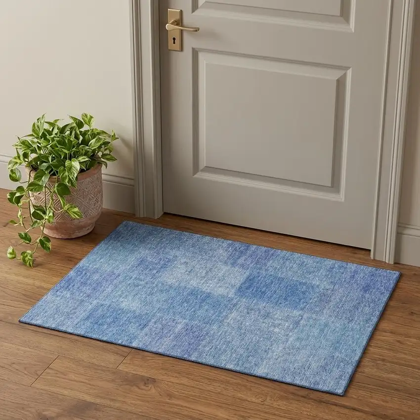 Denim Blue And Ivory Patchwork Washable Area Rug With UV Protection Photo 1