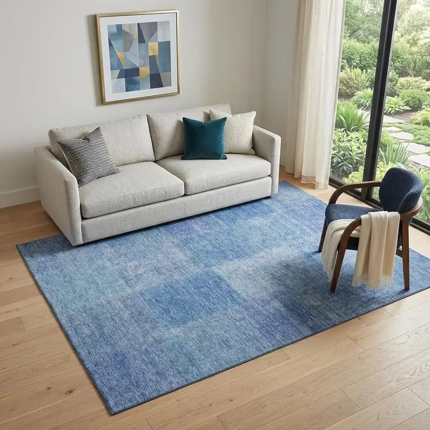 Denim Blue And Ivory Patchwork Washable Area Rug With UV Protection Photo 1