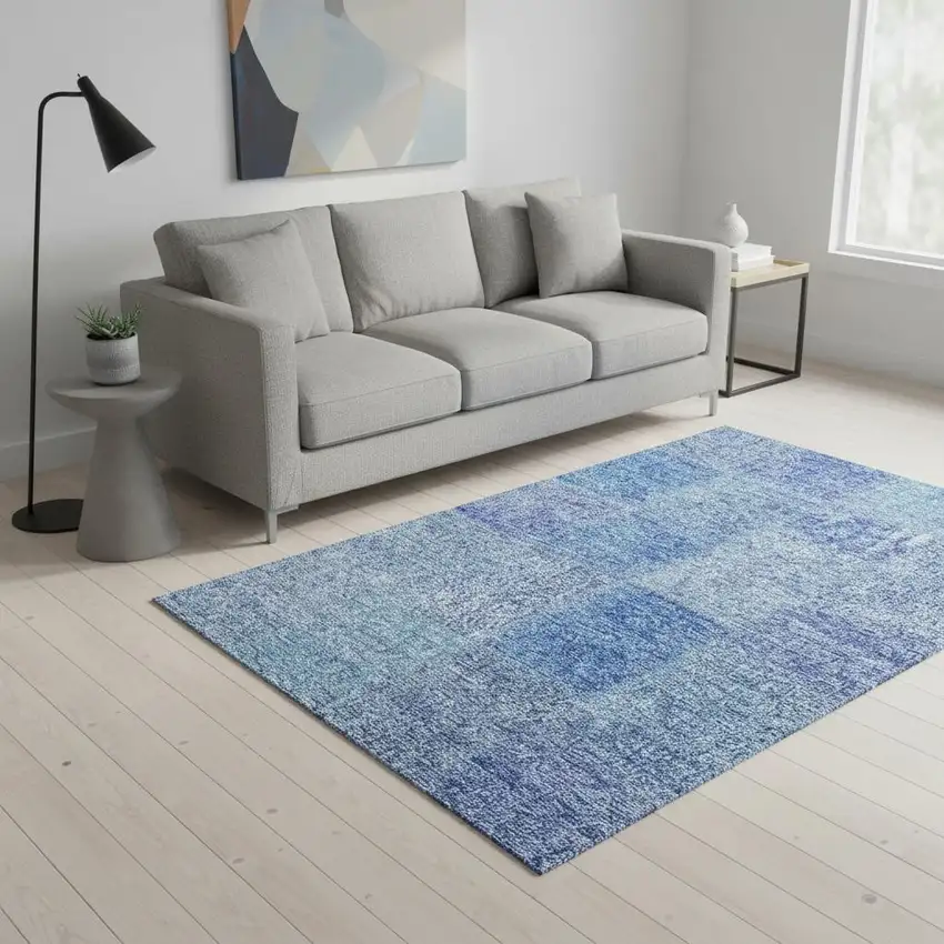 Denim Blue And Ivory Patchwork Washable Area Rug With UV Protection Photo 1