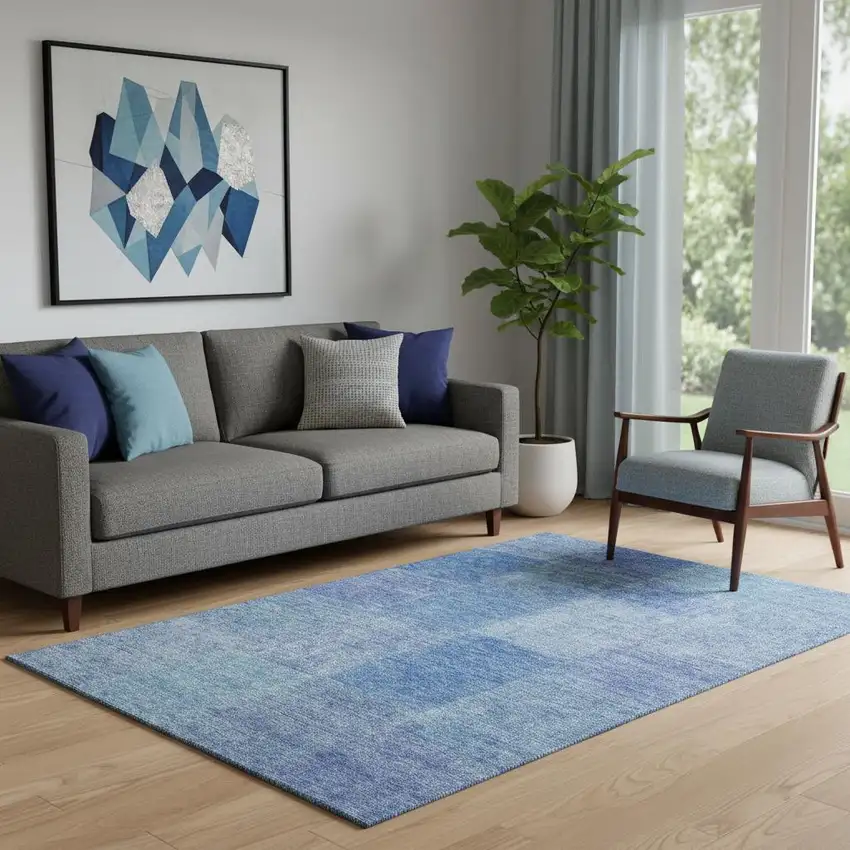 Denim Blue And Ivory Patchwork Washable Area Rug With UV Protection Photo 1