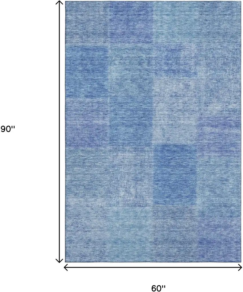 Denim Blue And Ivory Patchwork Washable Area Rug With UV Protection Photo 3