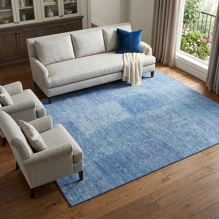 Denim Blue And Ivory Patchwork Washable Area Rug With UV Protection Photo 1