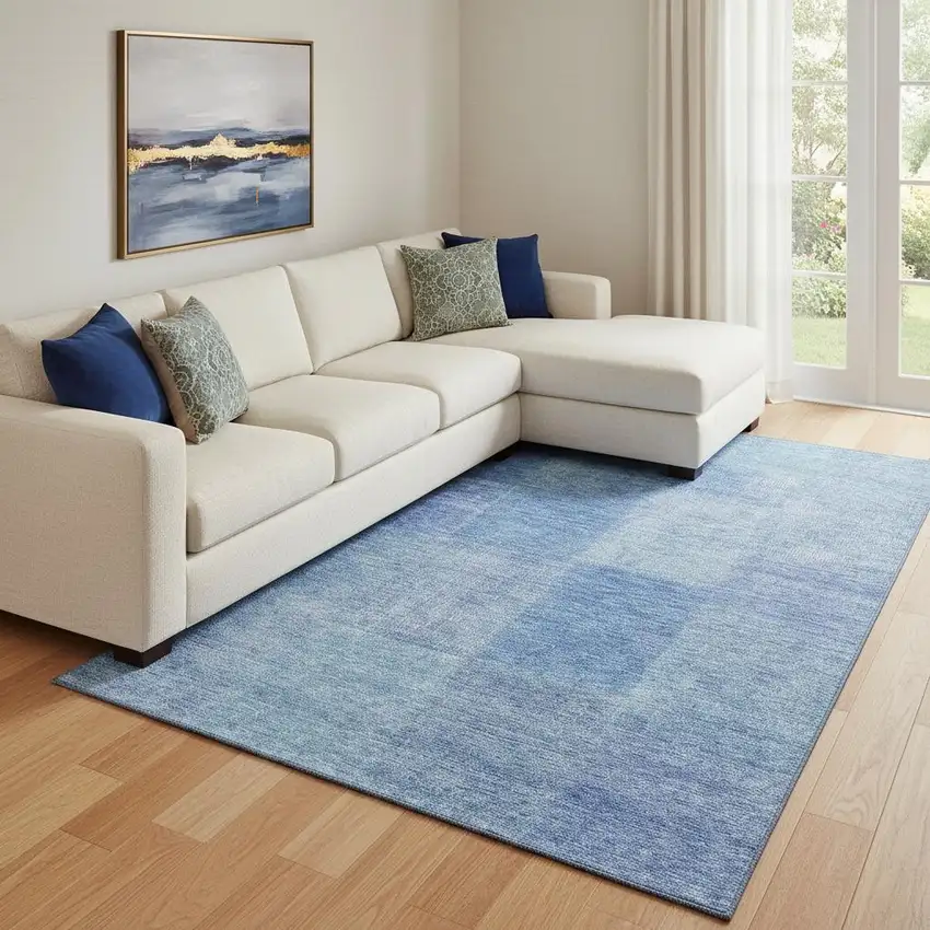 Denim Blue And Ivory Patchwork Washable Area Rug With UV Protection Photo 1