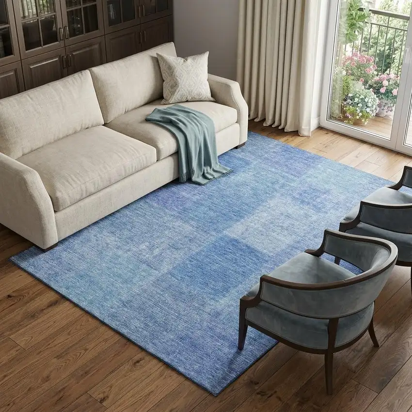Denim Blue And Ivory Patchwork Washable Area Rug With UV Protection Photo 1
