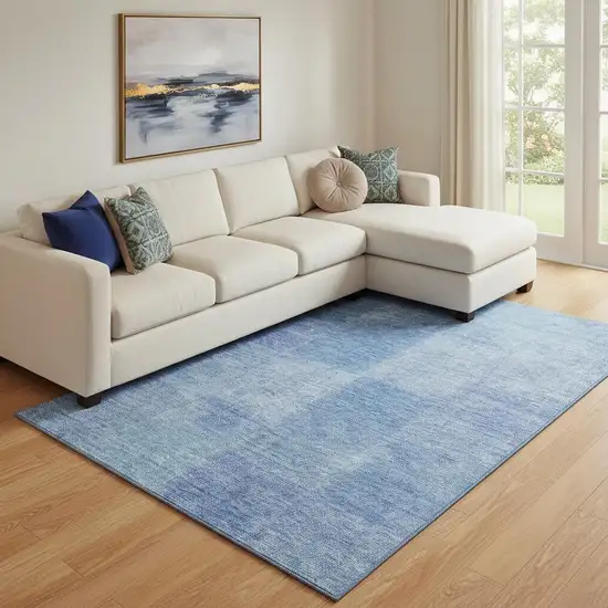 Denim Blue And Ivory Patchwork Washable Area Rug With UV Protection Photo 1