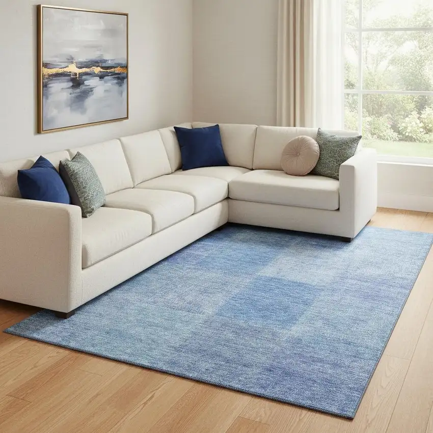 Denim Blue And Ivory Patchwork Washable Area Rug With UV Protection Photo 1