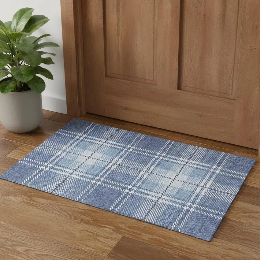 Denim Blue And Ivory Plaid Washable Area Rug With UV Protection Photo 1