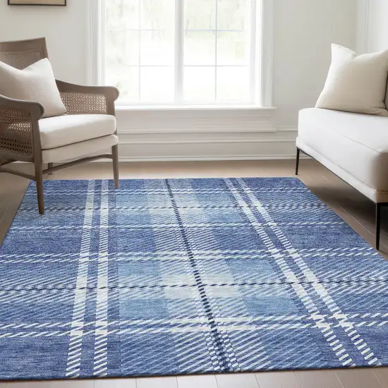 Denim Blue And Ivory Plaid Washable Area Rug With UV Protection Photo 5