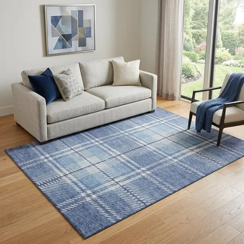 Denim Blue And Ivory Plaid Washable Area Rug With UV Protection Photo 1