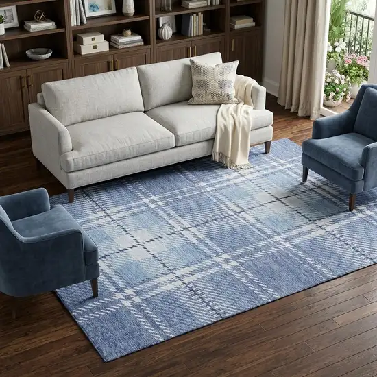Denim Blue And Ivory Plaid Washable Area Rug With UV Protection Photo 1