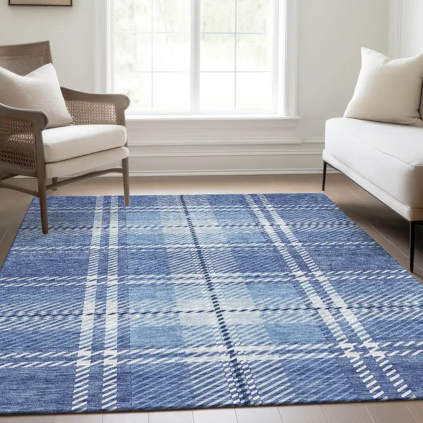 Denim Blue And Ivory Plaid Washable Area Rug With UV Protection Photo 4