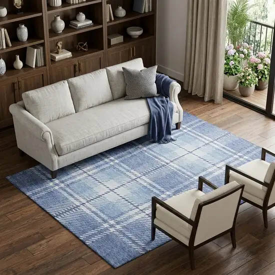 Denim Blue And Ivory Plaid Washable Area Rug With UV Protection Photo 1