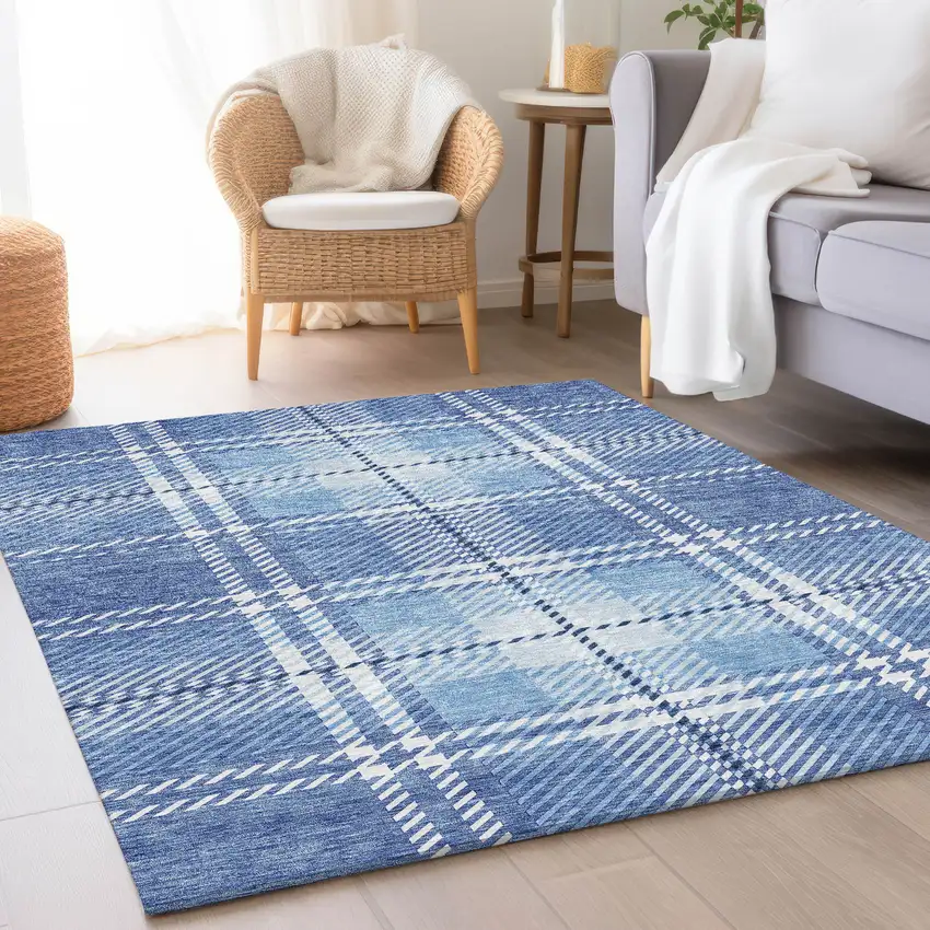 Denim Blue And Ivory Plaid Washable Area Rug With UV Protection Photo 3