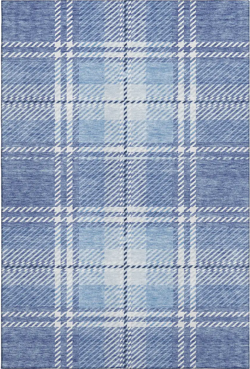 Denim Blue And Ivory Plaid Washable Area Rug With UV Protection Photo 5