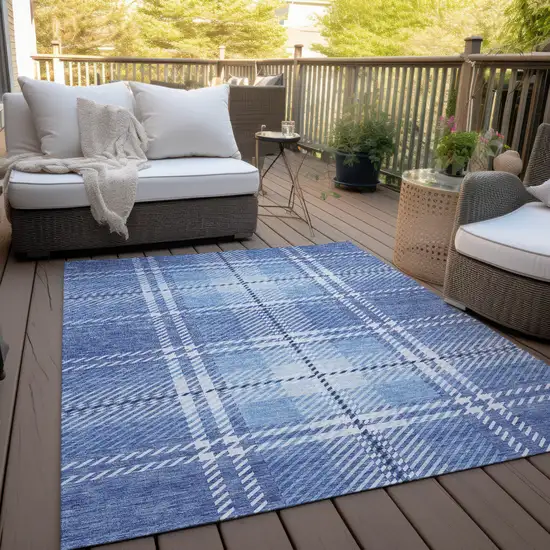 Denim Blue And Ivory Plaid Washable Indoor Outdoor Area Rug Photo 9