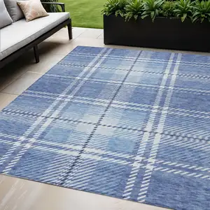Photo of Denim Blue And Ivory Plaid Washable Indoor Outdoor Area Rug