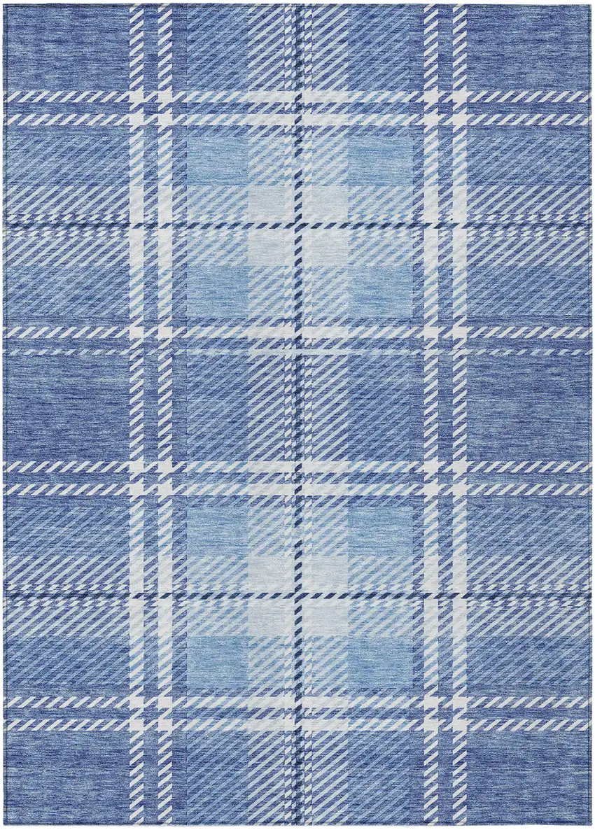 Denim Blue And Ivory Plaid Washable Indoor Outdoor Area Rug Photo 2