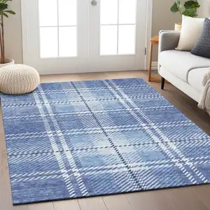 Photo of Denim Blue And Ivory Plaid Washable Indoor Outdoor Area Rug