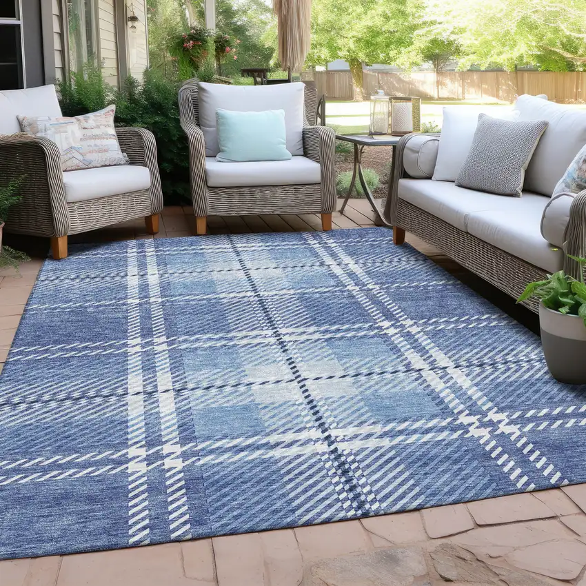 Denim Blue And Ivory Plaid Washable Indoor Outdoor Area Rug Photo 7