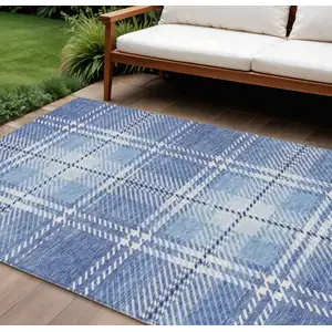 Photo of Denim Blue And Ivory Plaid Washable Indoor Outdoor Area Rug