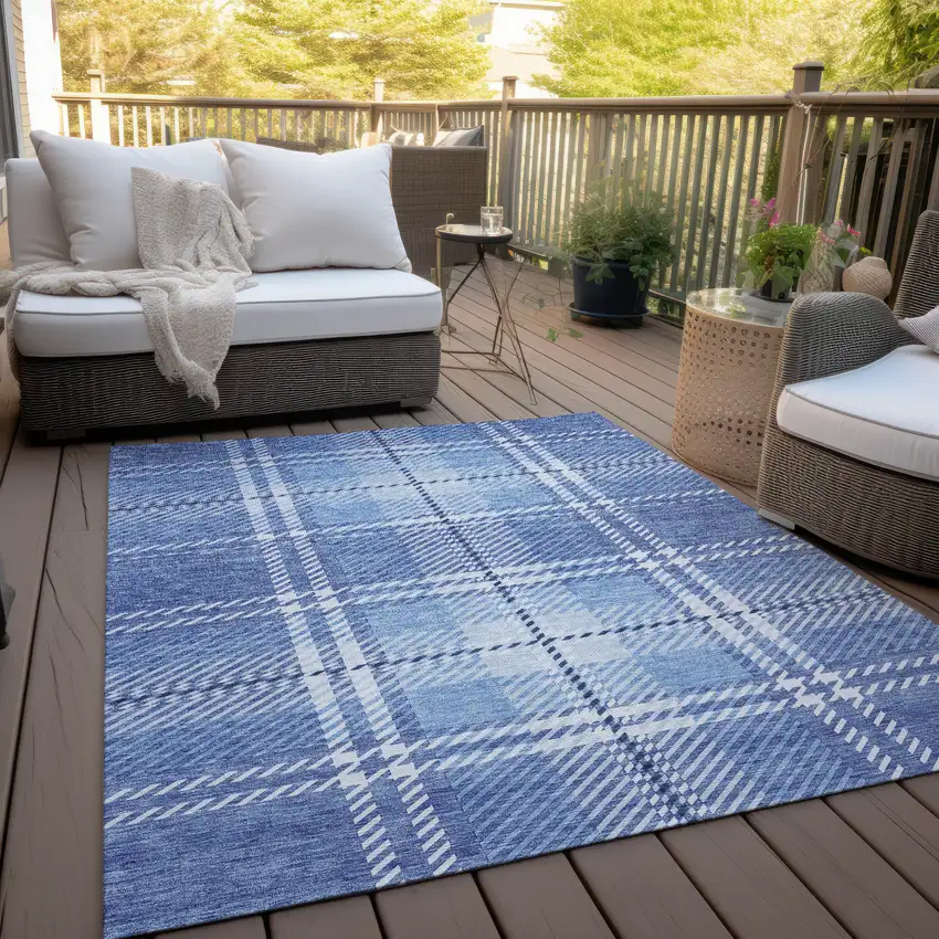 Denim Blue And Ivory Plaid Washable Indoor Outdoor Area Rug Photo 9
