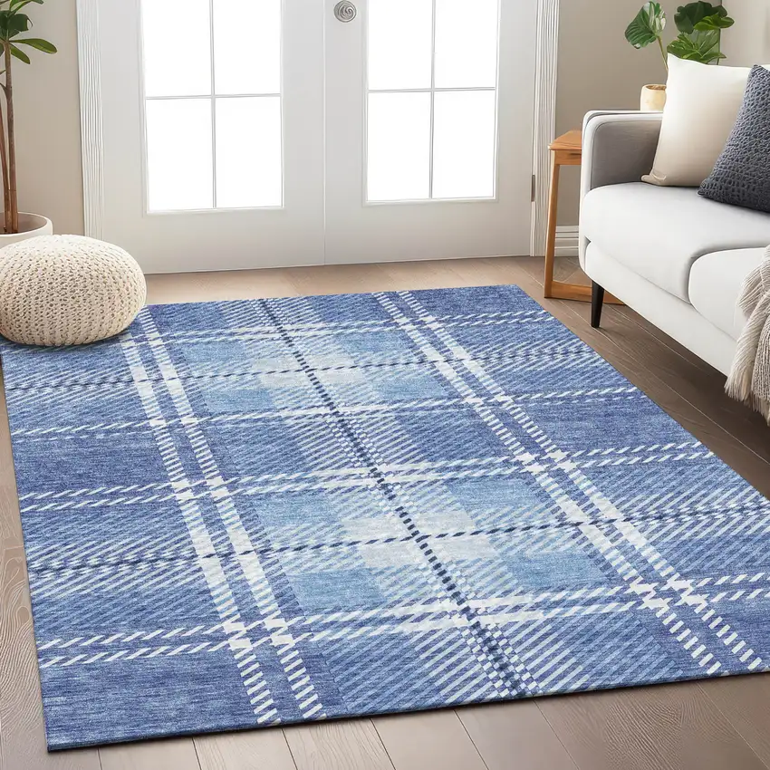 Denim Blue And Ivory Plaid Washable Indoor Outdoor Area Rug Photo 8